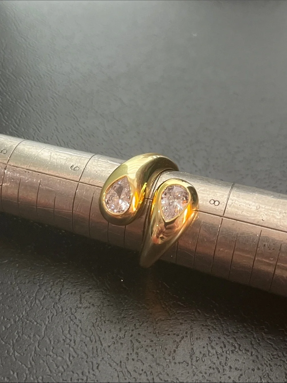 Gold Teardrop Bypass Ring with Clear Stones - Picture 1 of 4